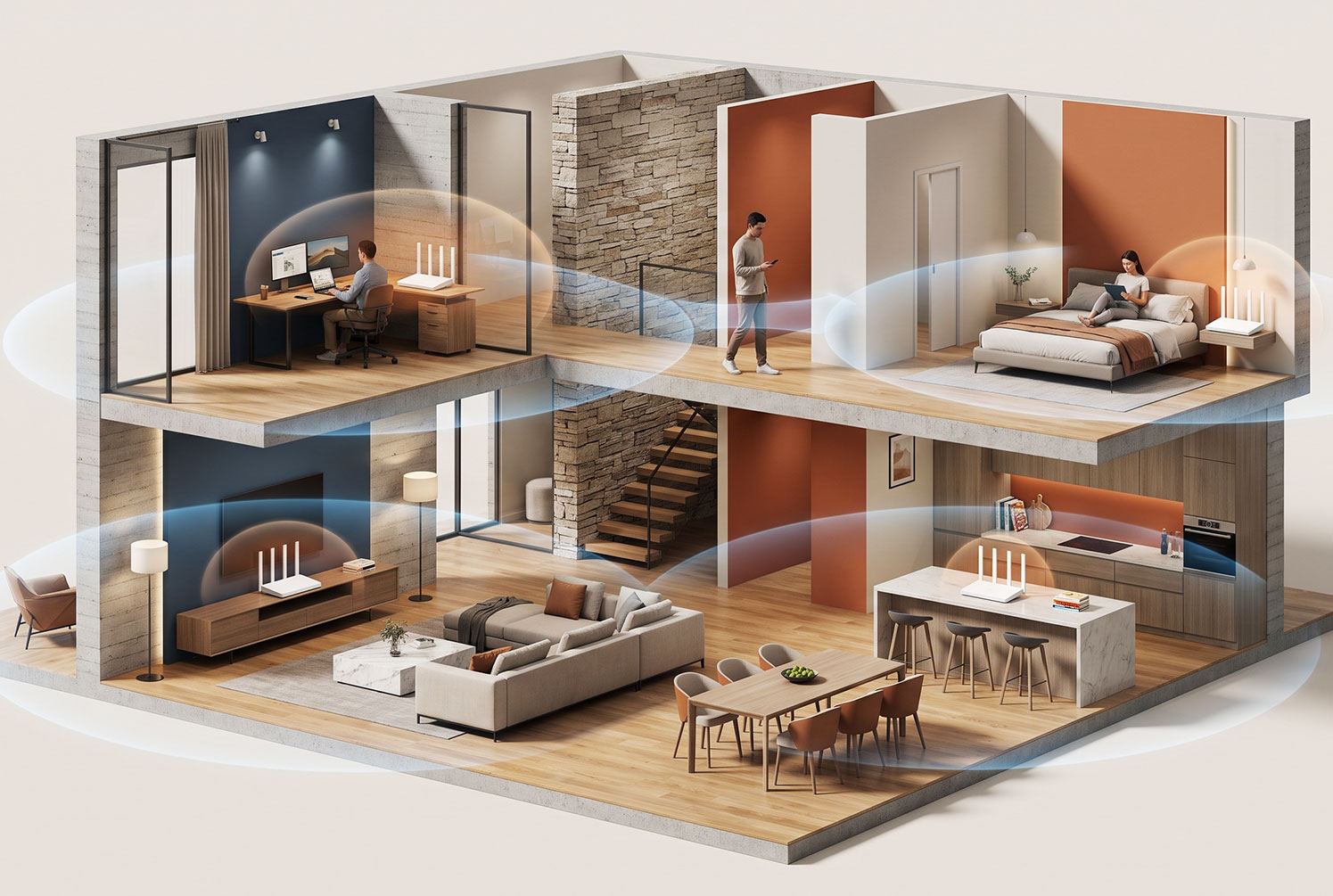 Casa de dois andares em corte, com um ponto do Wi-Fi Casa Conectada em cada ambiente (escritório, quarto, sala e cozinha) cobrindo a casa inteira de sinal.